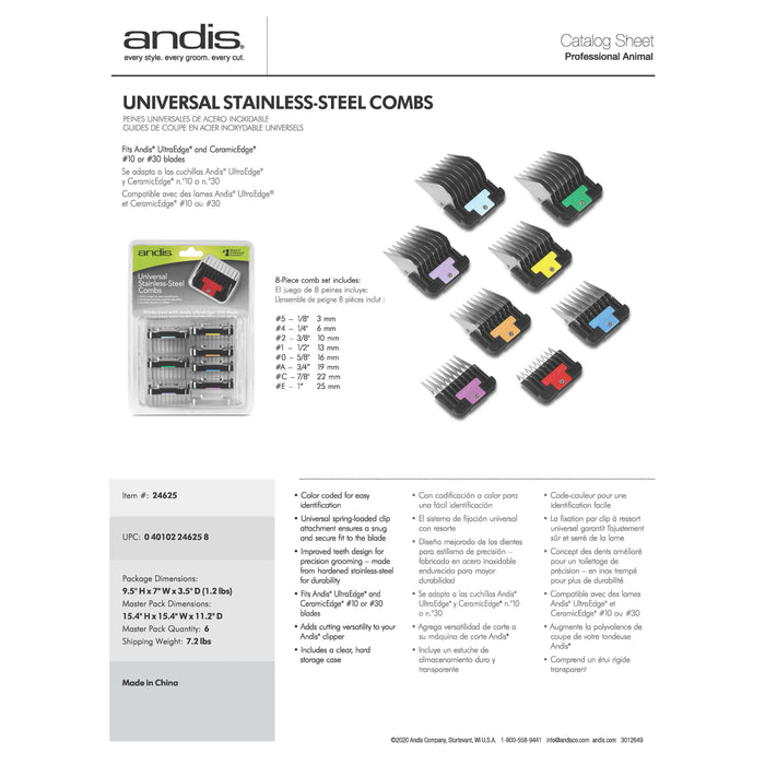 Andis 8pc Spring-Loaded Color-Coated Stainless-Steel Comb Set - - Comb by Andis