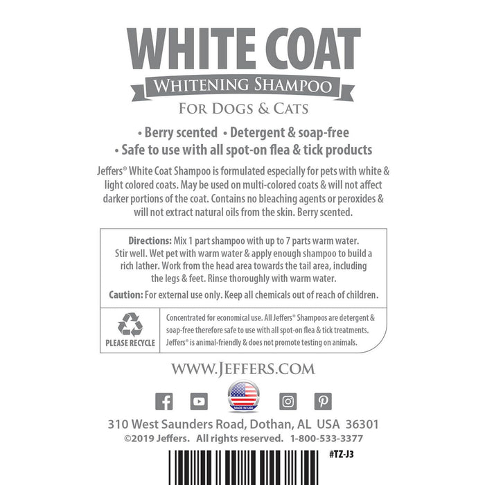 Jeffers Pet White Coat Whitening Dog & Cat Shampoo - - Animal & Pet Supplies > Pet Grooming > Pet Shampoo & Conditioner by Jeffers