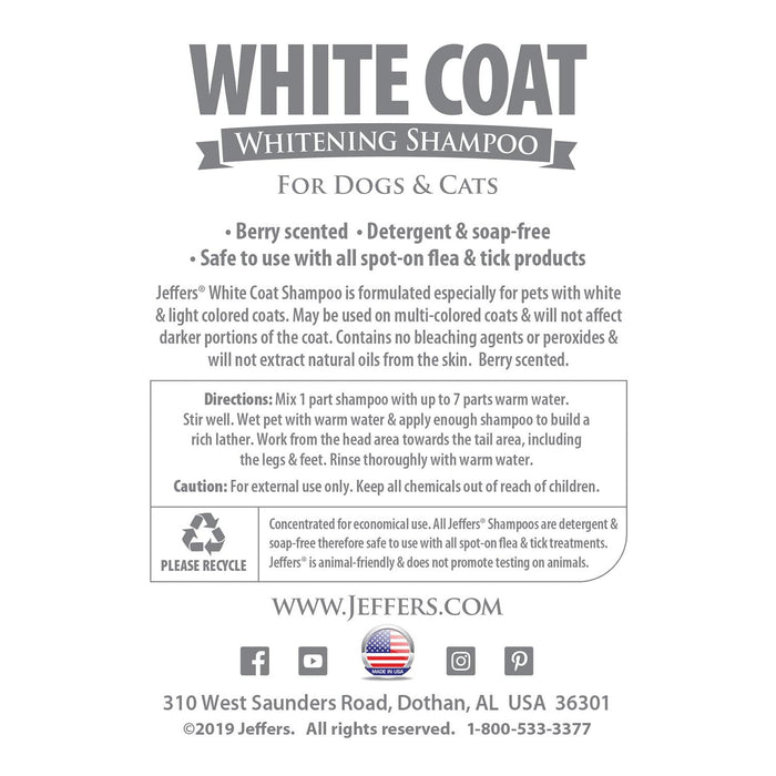 Jeffers Pet White Coat Whitening Dog & Cat Shampoo - - Animal & Pet Supplies > Pet Grooming > Pet Shampoo & Conditioner by Jeffers